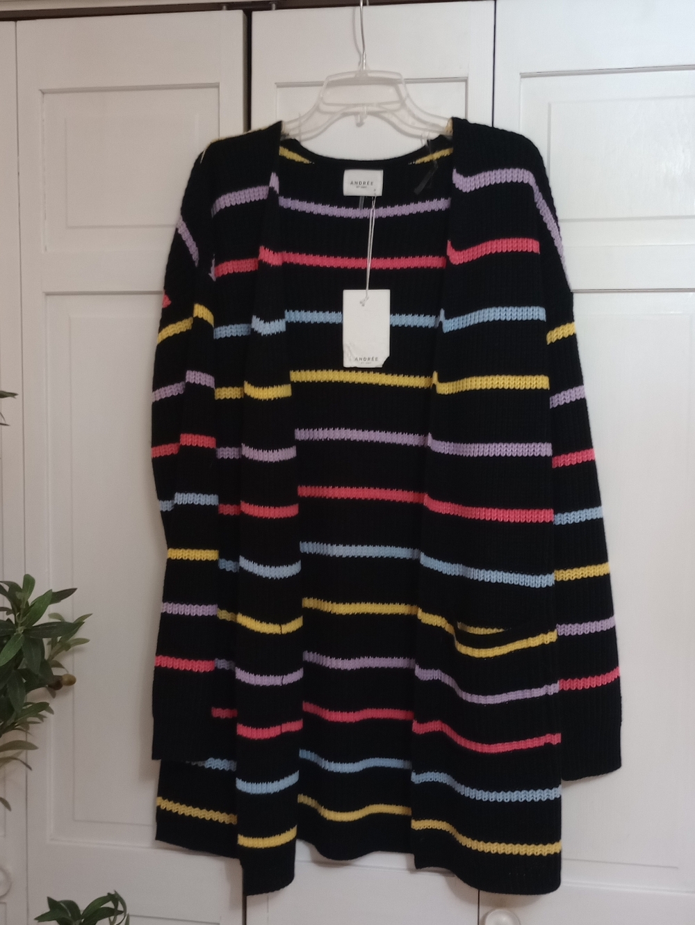 NWT Andree By Unit Plus Size Black Knit Cardigan with Multicolor Stripes Size 1X